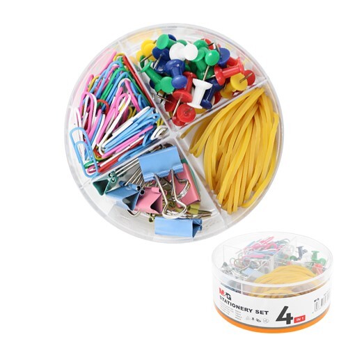 Kancelárska sada M&G 4v1 pripináčiky/binder clip/spony/gumičky, sada farebná 200 ks